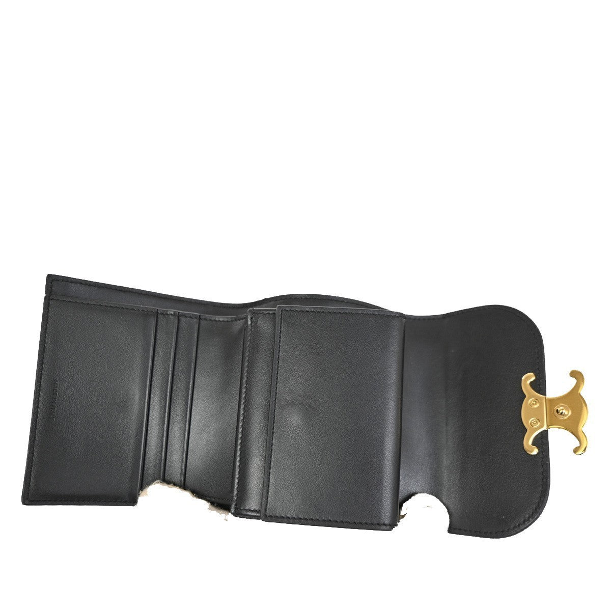 CELINE Triomphe Small Trifold Wallet Purse Leather Black GHW 31TA346