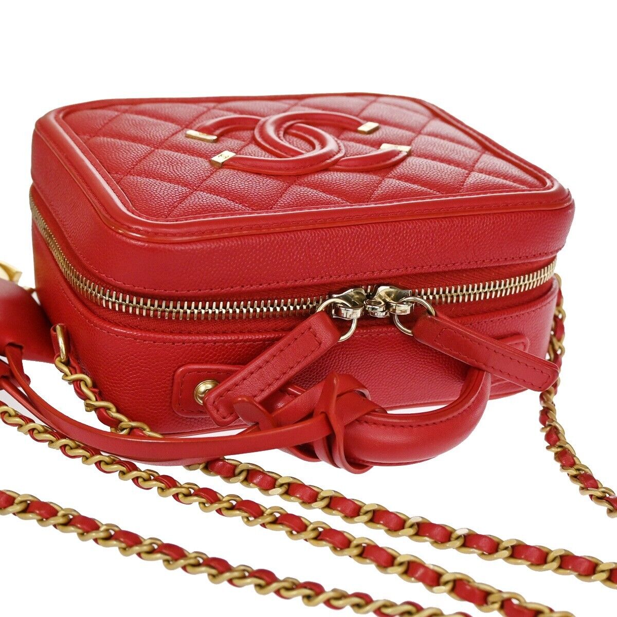 CHANEL CC Mini Matelasse 2Way Chain Shoulder Bag Caviar Leather Red GHW 765RH755
