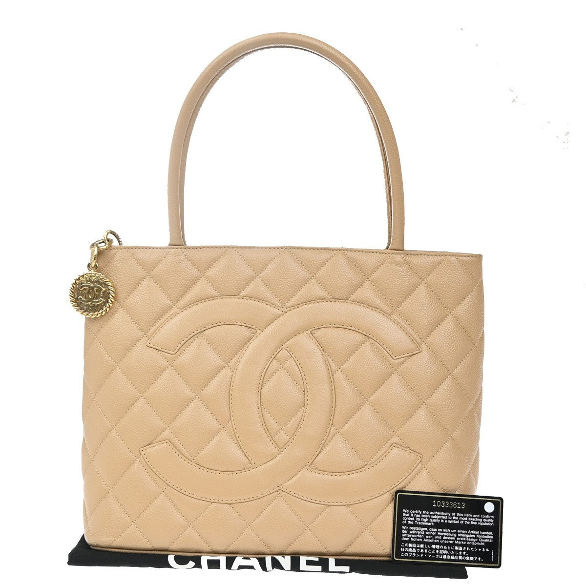 CHANEL Medallion Matelasse Shoulder Bag Grained Calfskin Leather Beige 648RF884