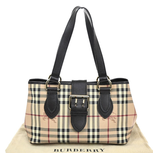 BURBERRY Nova Check Buckle Hand Bag PVC Leather Beige Brown GHW 32RL656