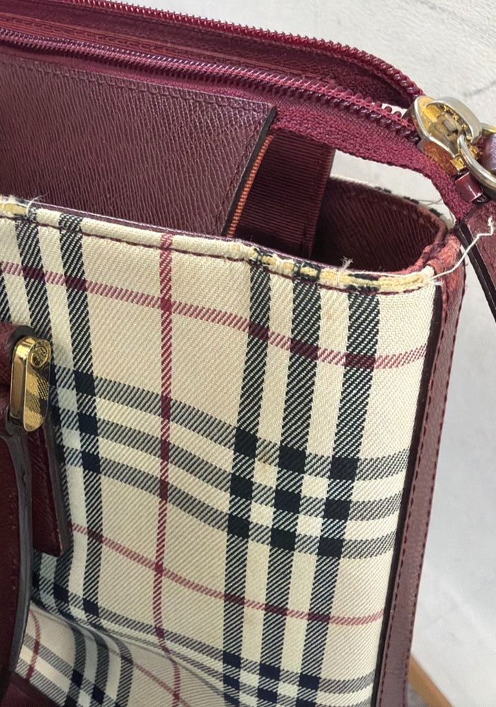 BURBERRY Nova Check Shoulder Hand Tote Bag Canvas Leather Beige Red GHW 32RL977
