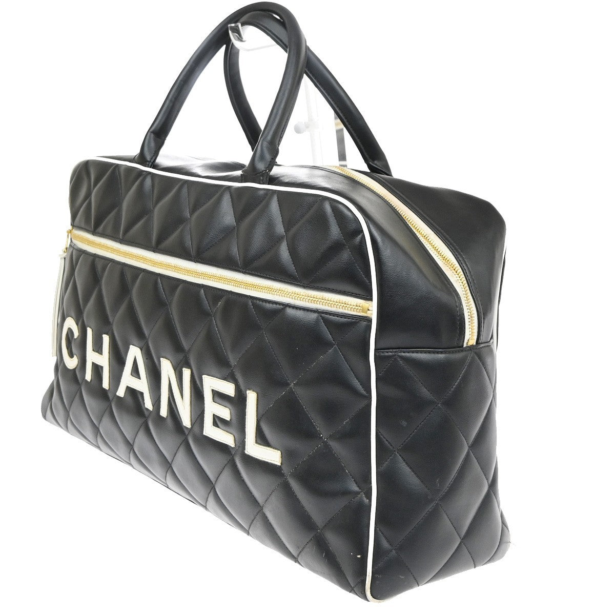 CHANEL Matelasse Travel Boston Hand Bag Leather Black France Vintage 332RP182