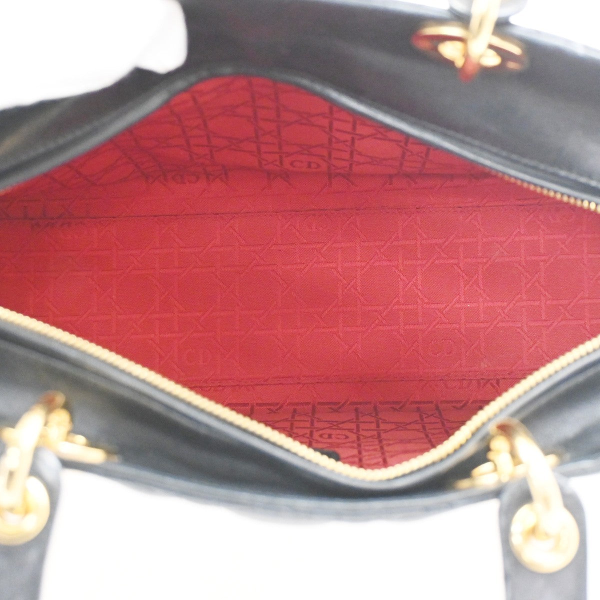 CHRISTIAN DIOR Lady Cannage Hand Tote Bag Leather Black Gold Italy 653RL740