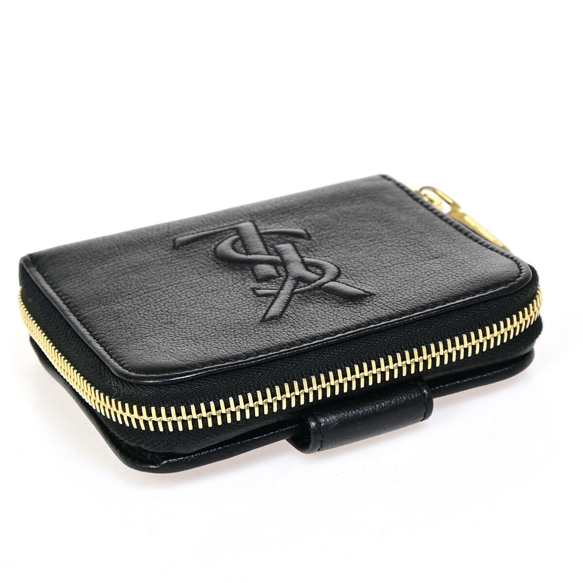 YVES SAINT LAURENT YSL Zipper Around Bifold Wallet Purse Leather Black 31YE696