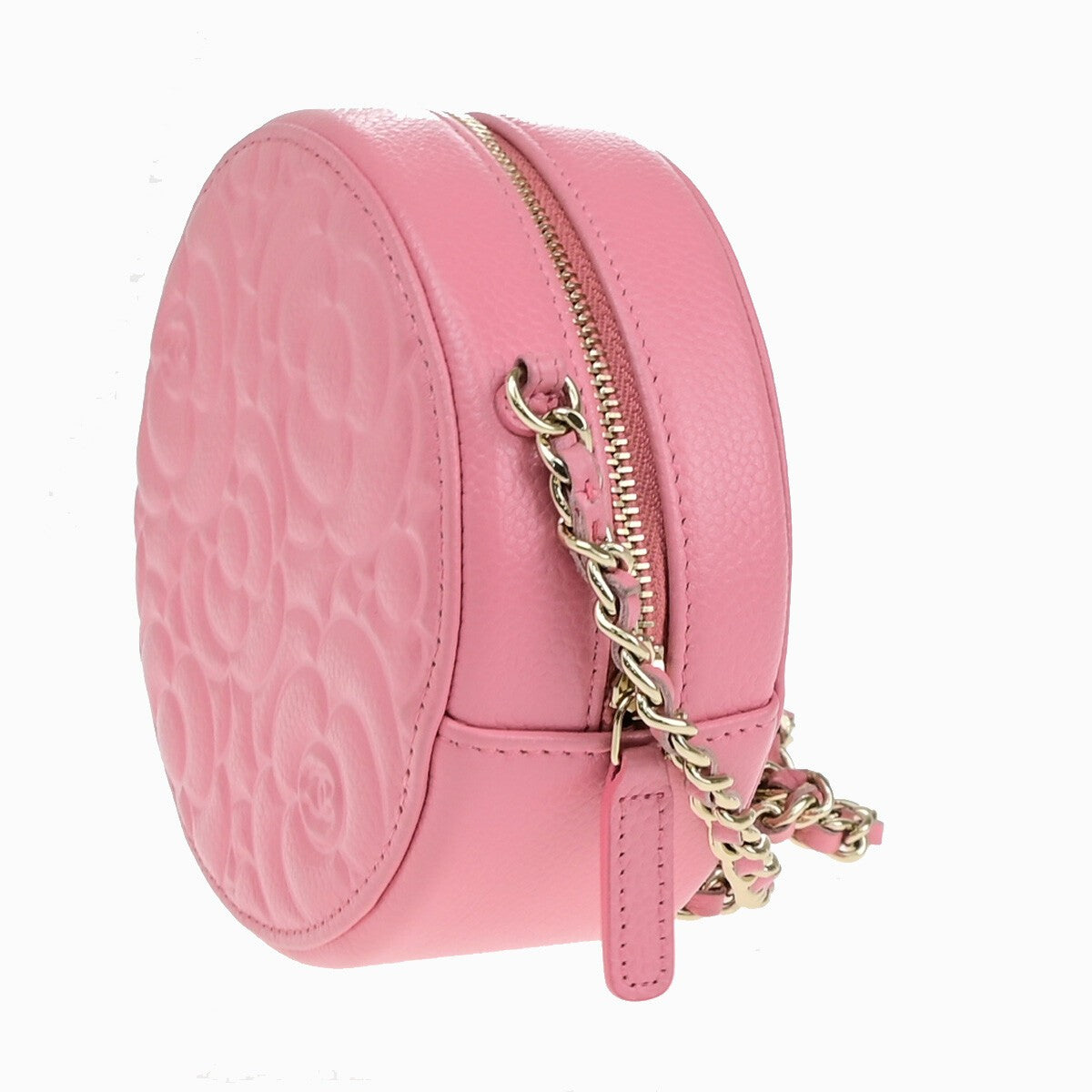 CHANEL CC Logo Camellia Round Mini Chain Shoulder Bag Grained Pink 337RK175
