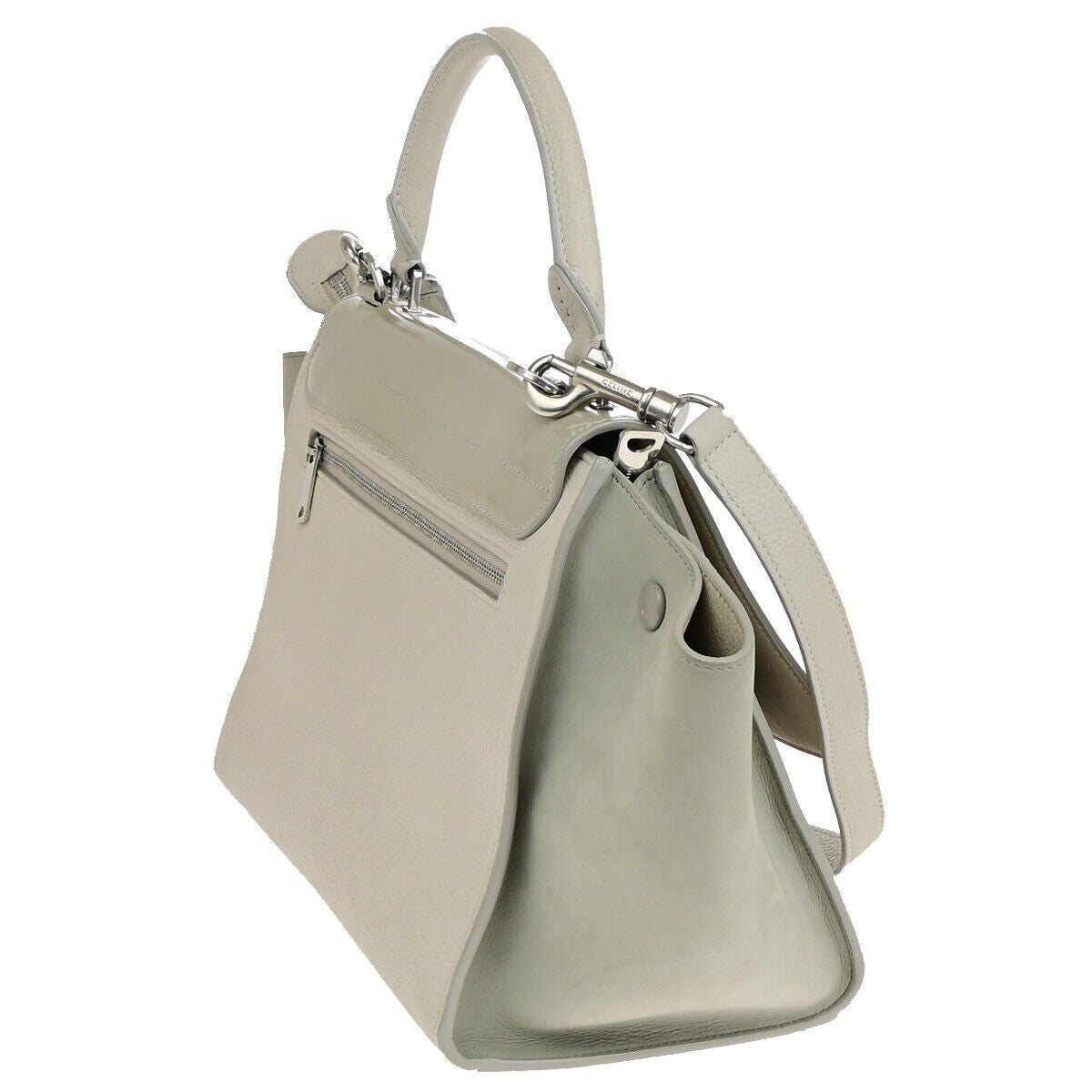 CELINE Logo Trapeze 2Way Shoulder Hand Bag Suede Patent Leather Beige 83YF548