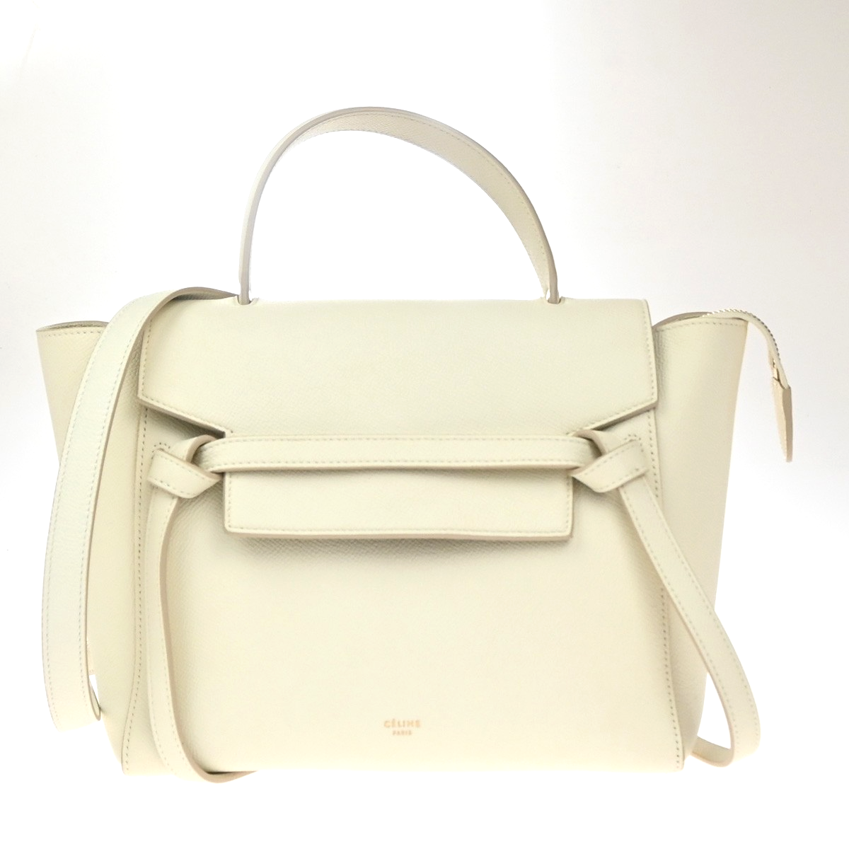 CELINE Logo Belt 2way Shoulder Hand Bag Leather White GHW Italy 29RL885