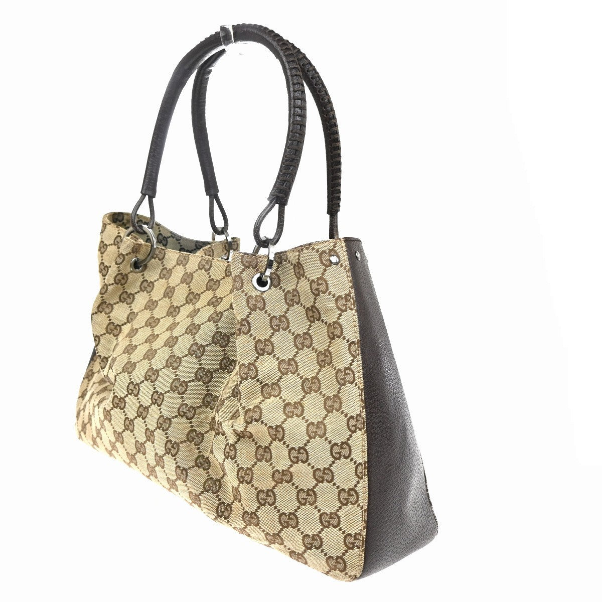 GUCCI Logo GG Pattern Shoulder Tote Bag Canvas Leather Brown 86KC878