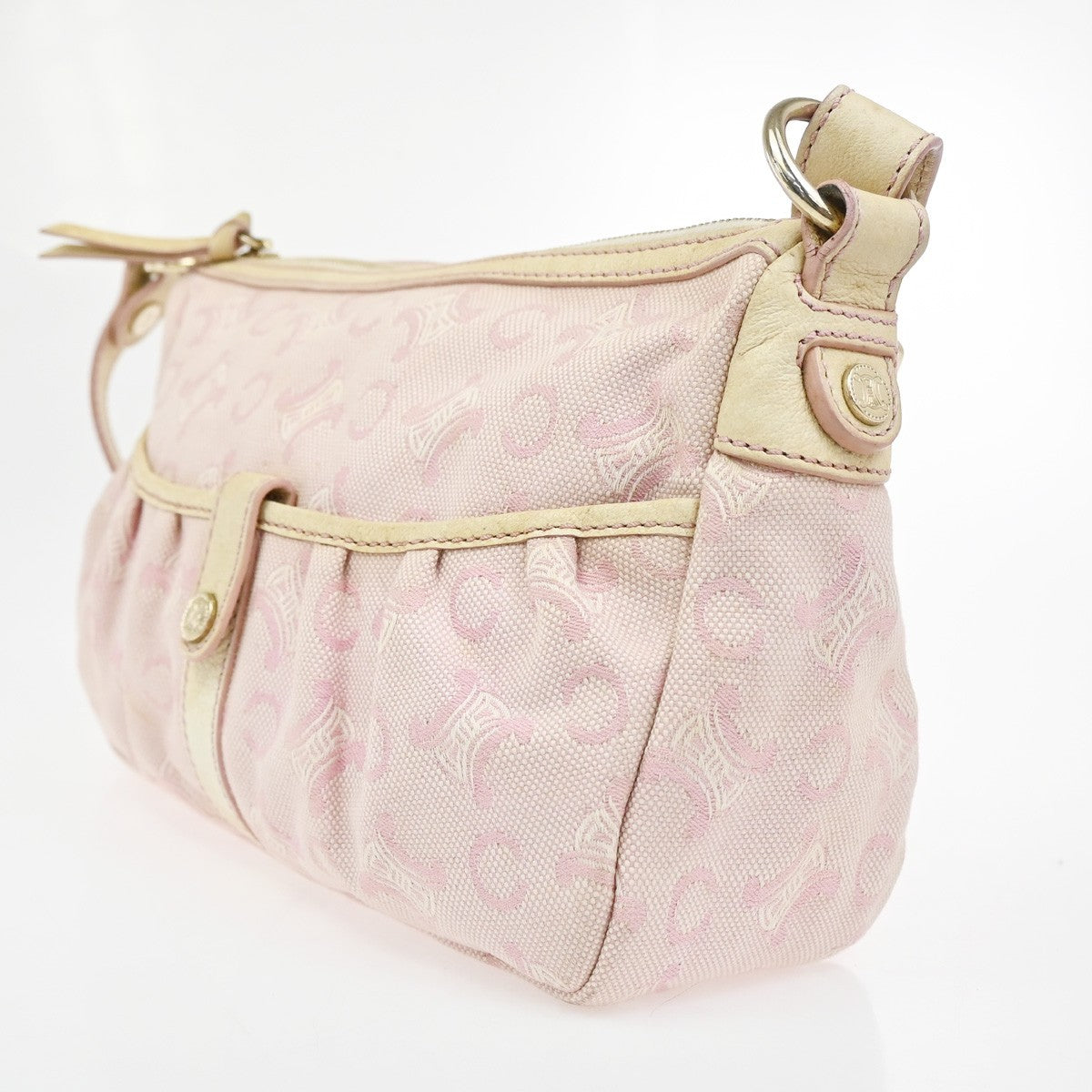 CELINE Logo C Macadam Shoulder Bag Canvas Leather Beige Pink GHW 63ZA180