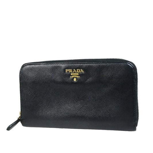 PRADA Logo Saffiano Long Zipper Wallet Purse Leather Black GHW Italy 60EC389