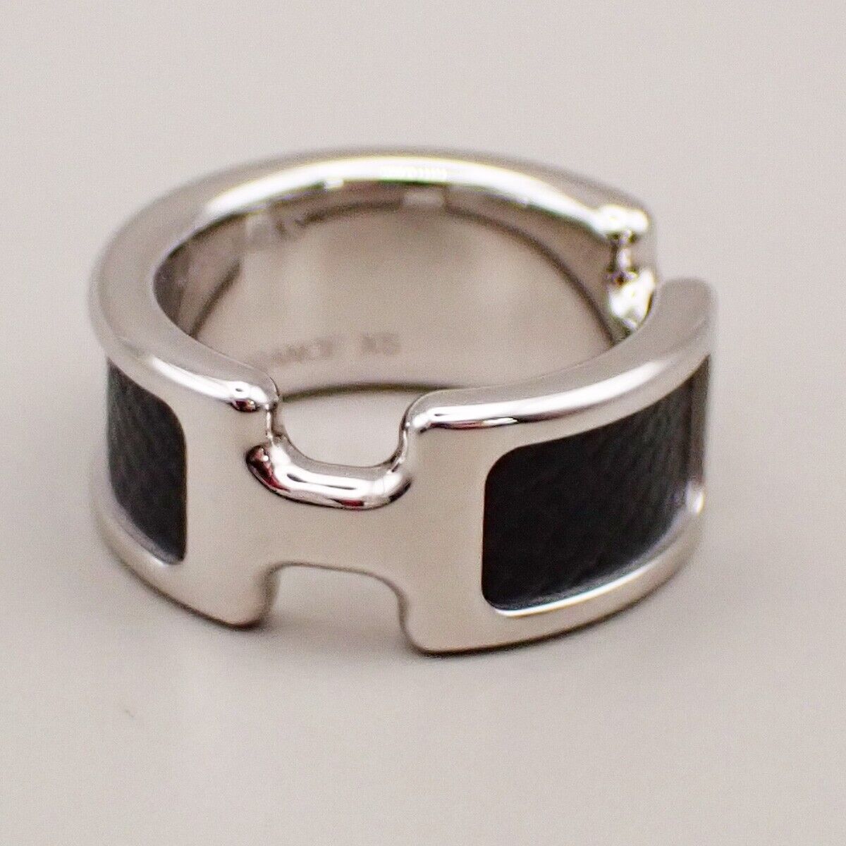 HERMES Olympe Ring XS Palladium Plated Calf Skin Leather Black Silver 30YG575