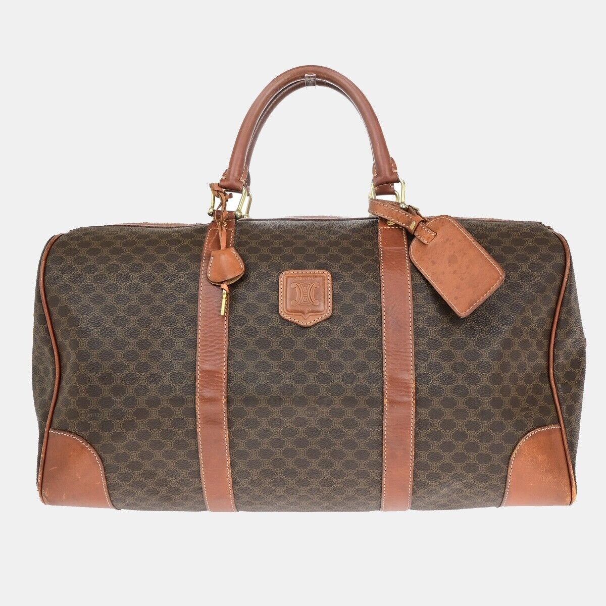 CELINE Macadam Pattern Travel Hand Bag PVC Leather Brown Gold Italy 64EB372