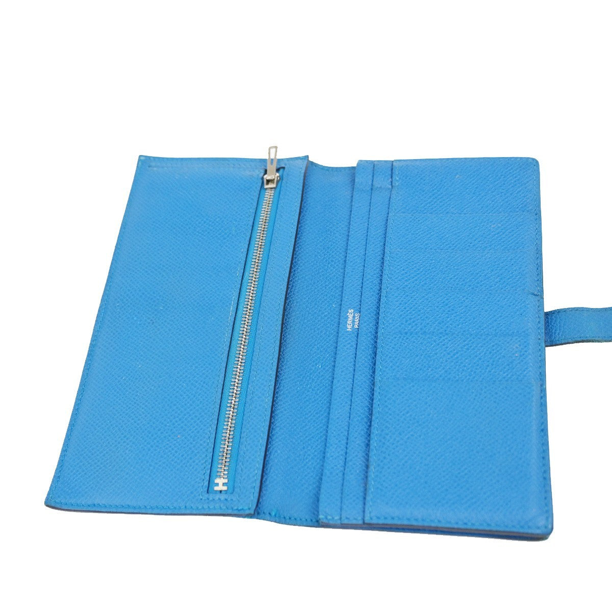HERMES Logo Bearn Long Bifold Wallet Purse Epson Leather Blue SHW 65RQ023