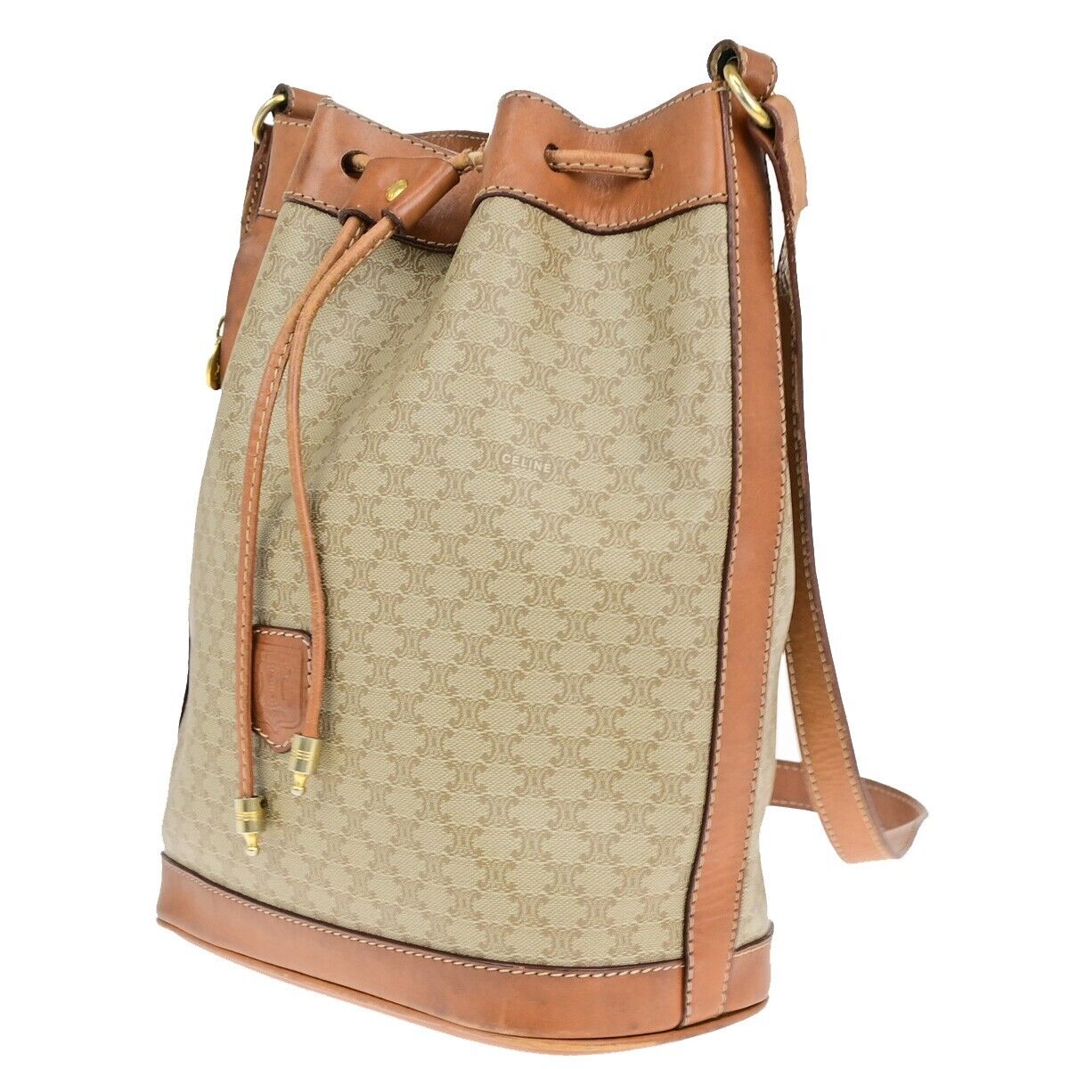 CELINE Logo Macadam Pattern Drawstring Shoulder Bag PVC Leather BN GHW 05ED368