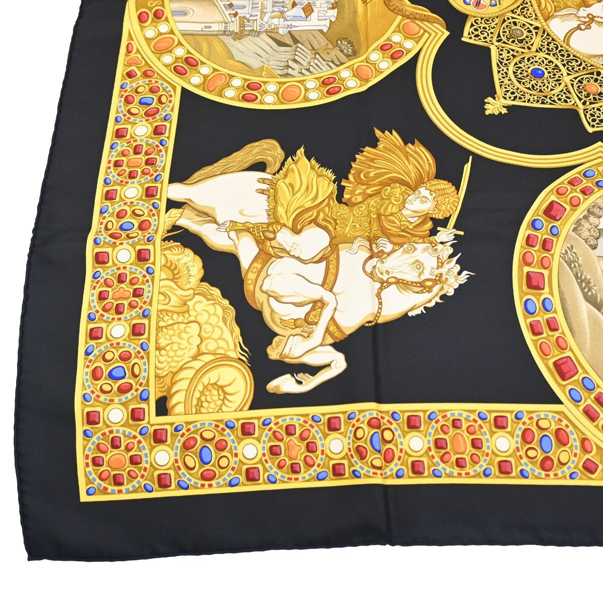 HERMES XL Carre Scarf Le Triomphe du Paladin 100% Silk Black Gold 69RL761