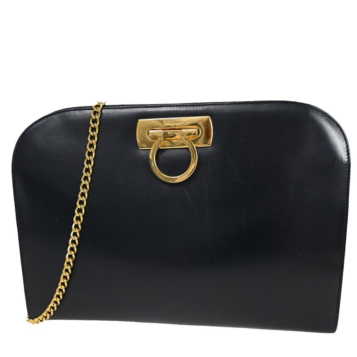 SALVATORE FERRAGAMO Chain Gancini Shoulder Bum Bag Leather Navy Gold 60SH362