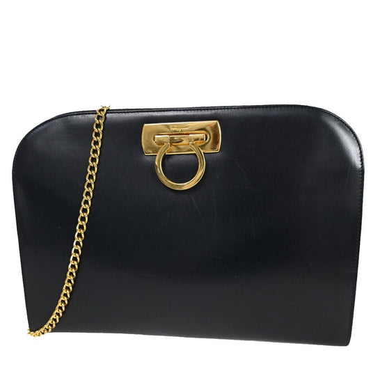 SALVATORE FERRAGAMO Chain Gancini Shoulder Bum Bag Leather Navy Gold 60SH362