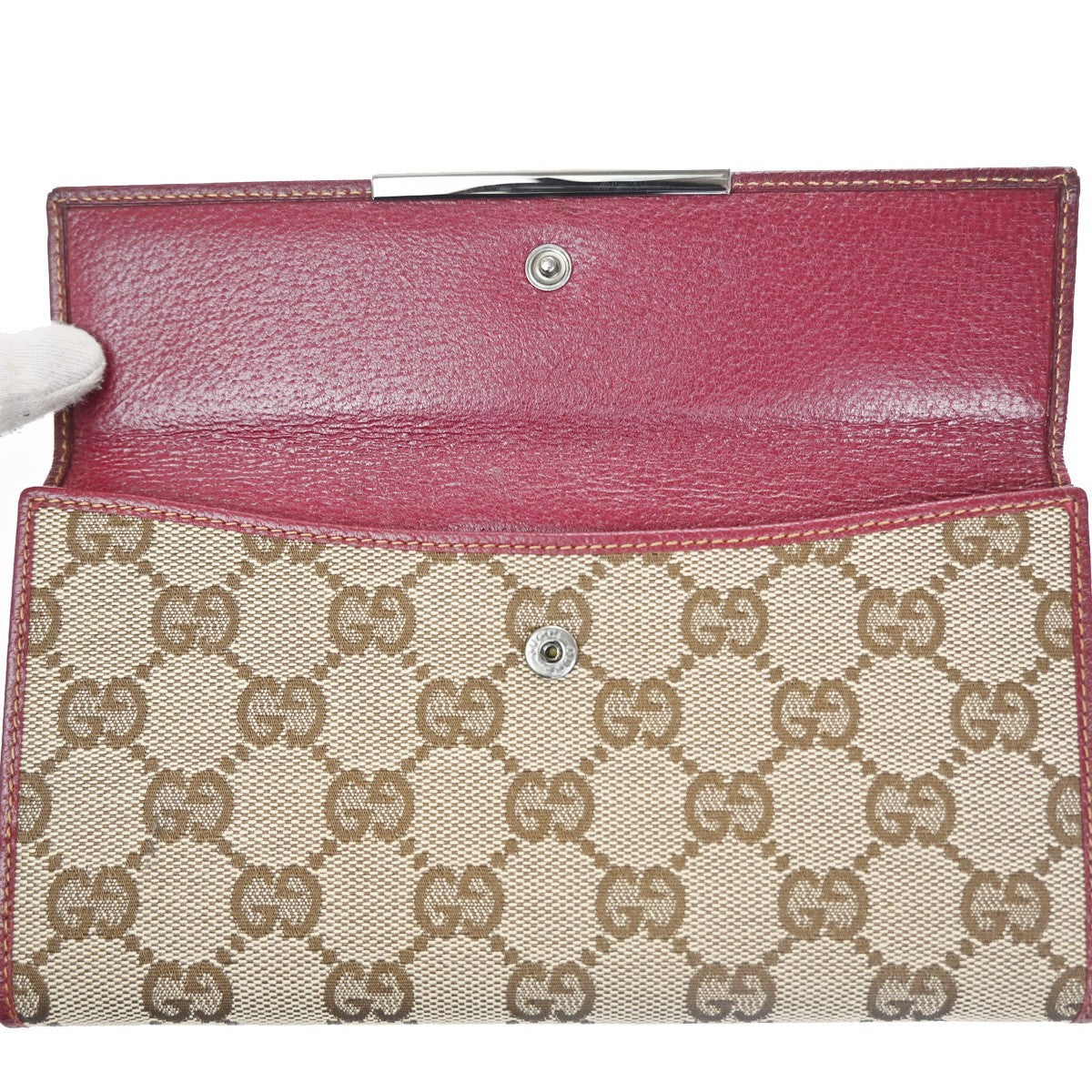 GUCCI GG Biifold Long Wallet Canvas Leather Red Beige SHW Italy 88KD057