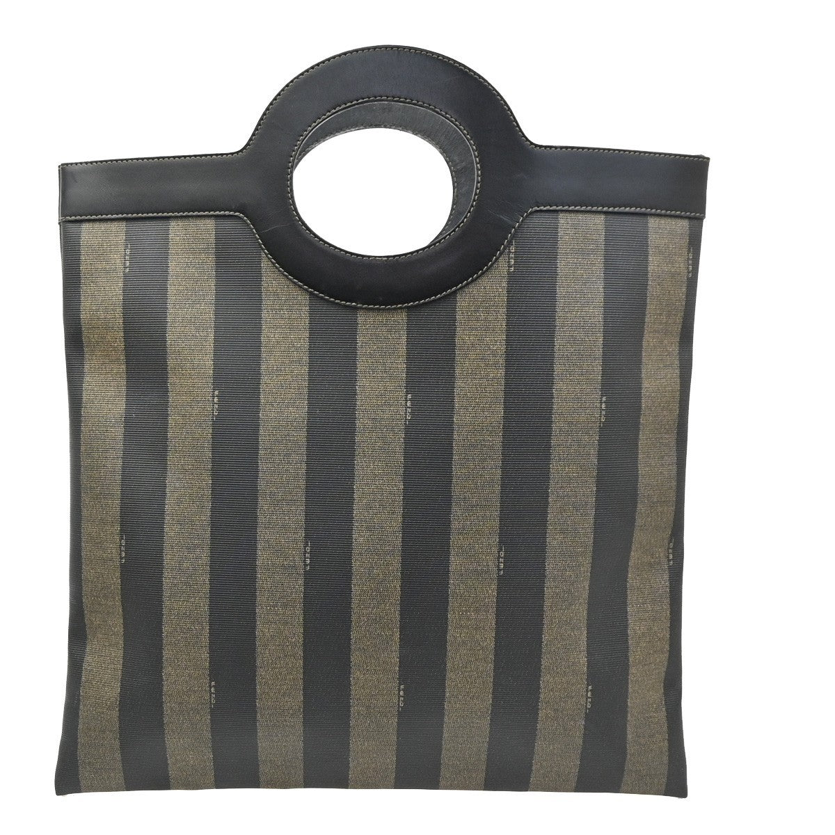 FENDI FF Logo Pequin Stripe Tote Hand Bag PVC Leather Brown Black 68CA783