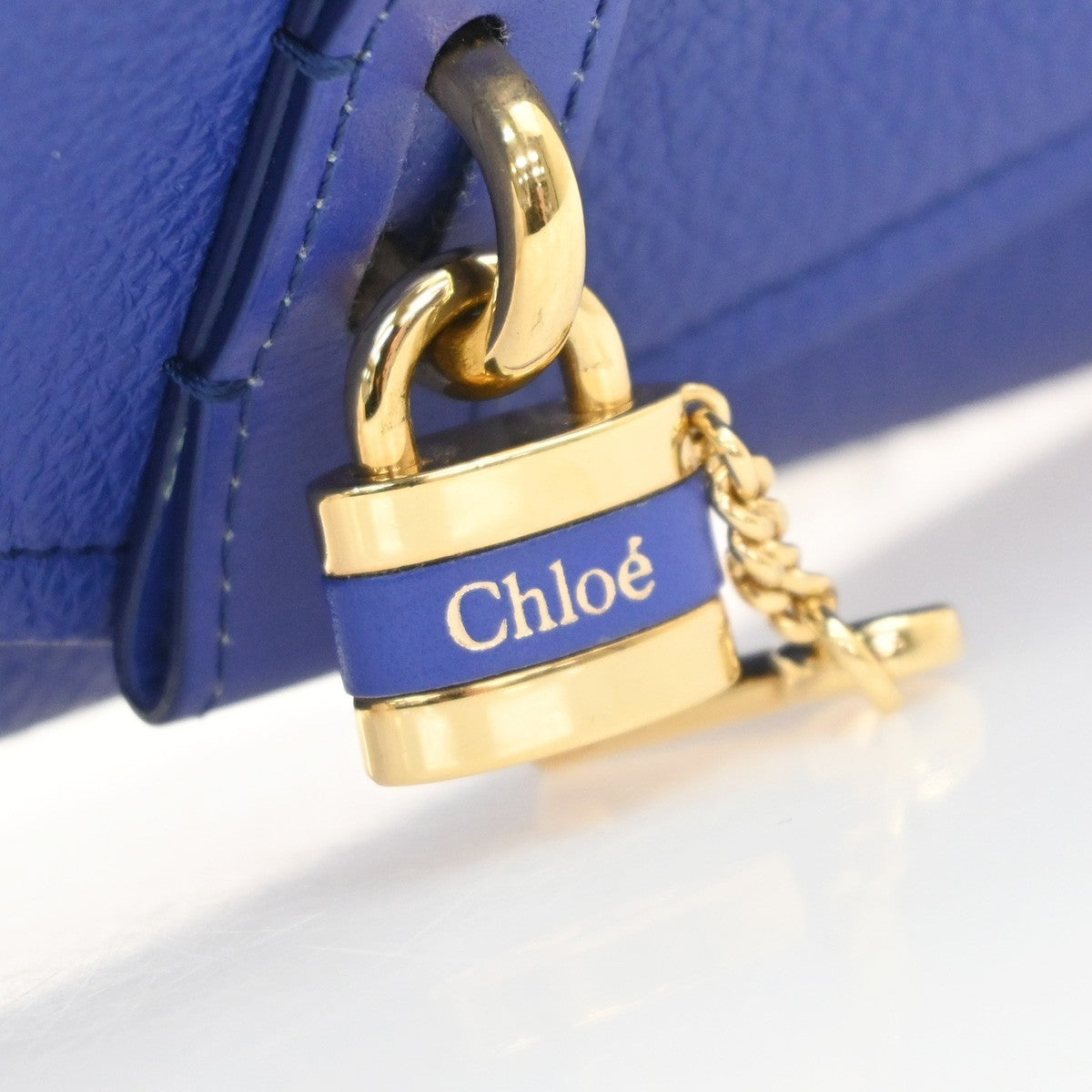 CHLOE Logo Chain Shoulder Bifold Long Wallet Leather Blue GHW Spain 64MA495