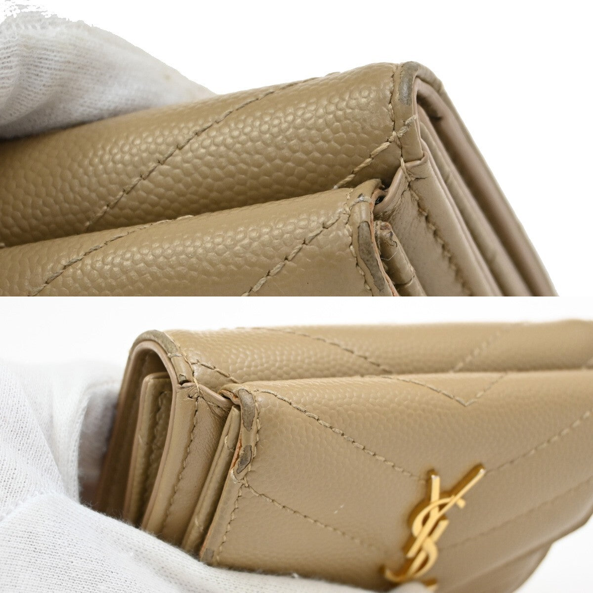 SAINT LAURENT YSL Logo Trifold Compact Wallet Leather Beige Gold Italy 66EE858