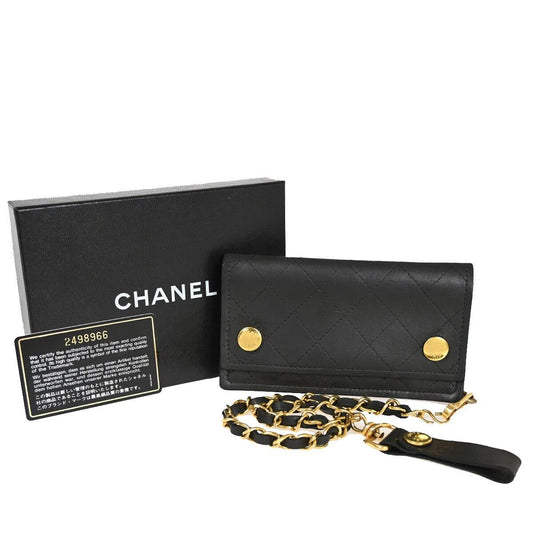 CHANEL CC Logo chain Matelasse Bifold Wallet Purse Leather Black France 79RF104