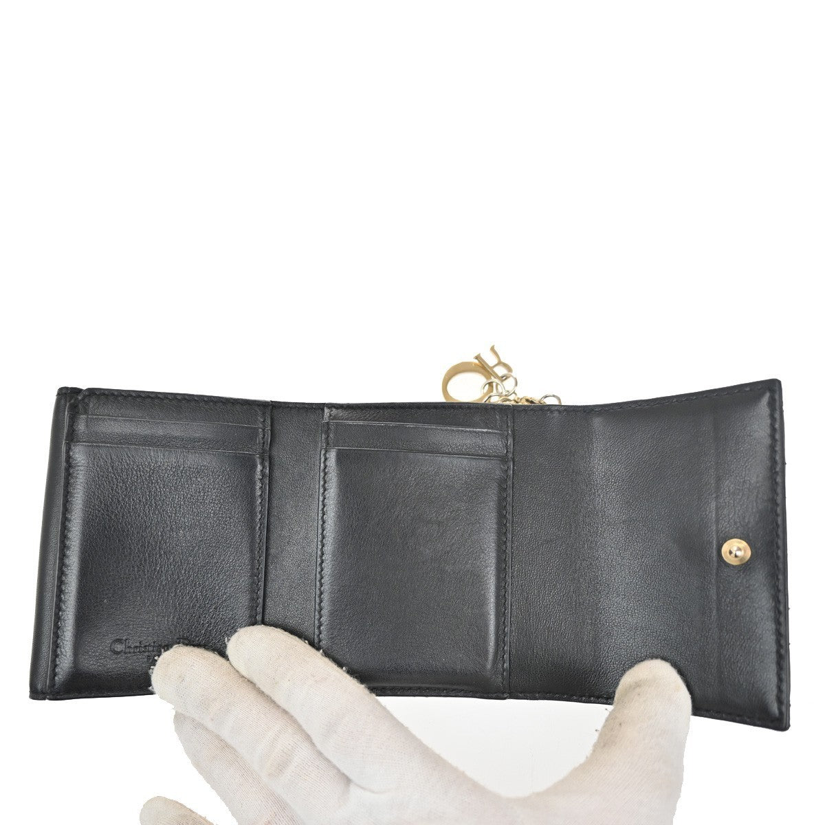 CHRISTIAN DIOR Cannage Trifold Compact Wallet Patent Leather Black GHW 35TA317