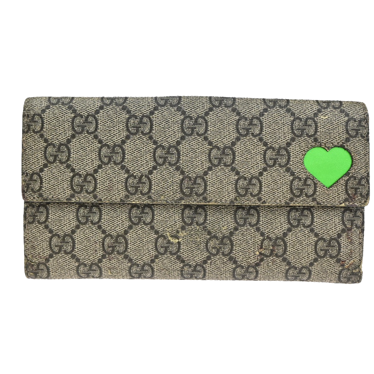 GUCCI GG heart Bifold Long Wallet Supreme Leather Green Beige GHW 01KC911