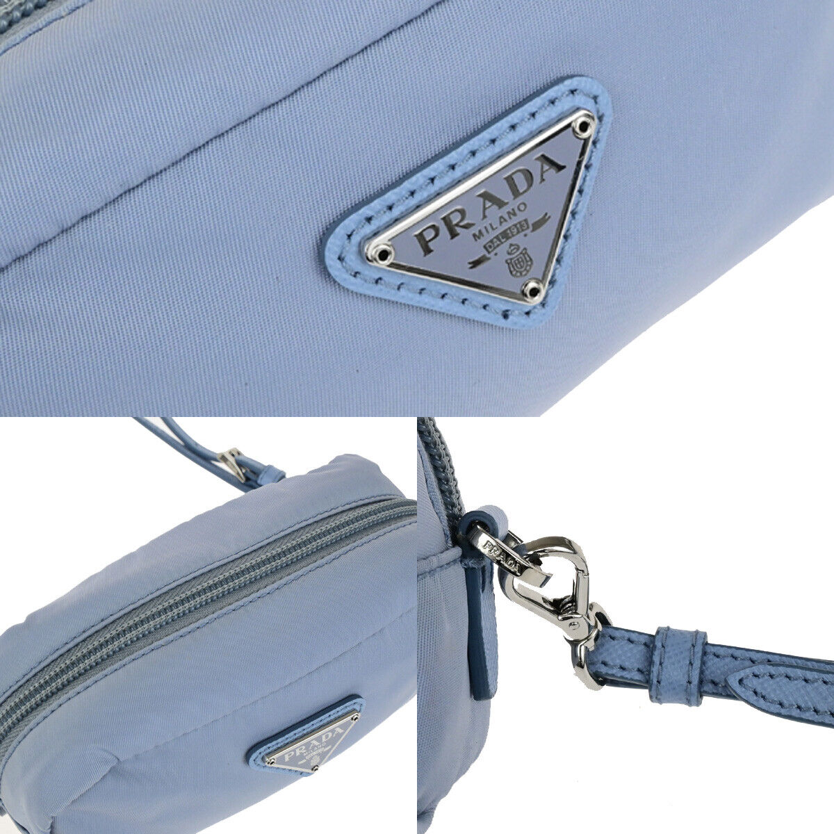 PRADA Logo Tessuto Cosmetic Mini Pouch Nylon Leather Blue SHW Italy 66YG675
