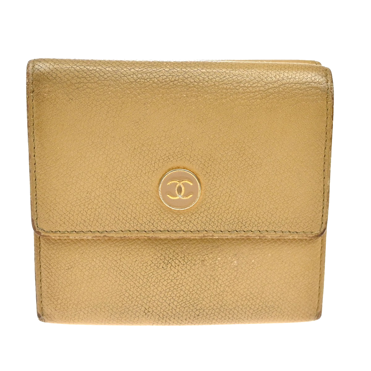 CHANEL CC Logo Trifold Compact Wallet Leather Beige GHW Italy 60KB352