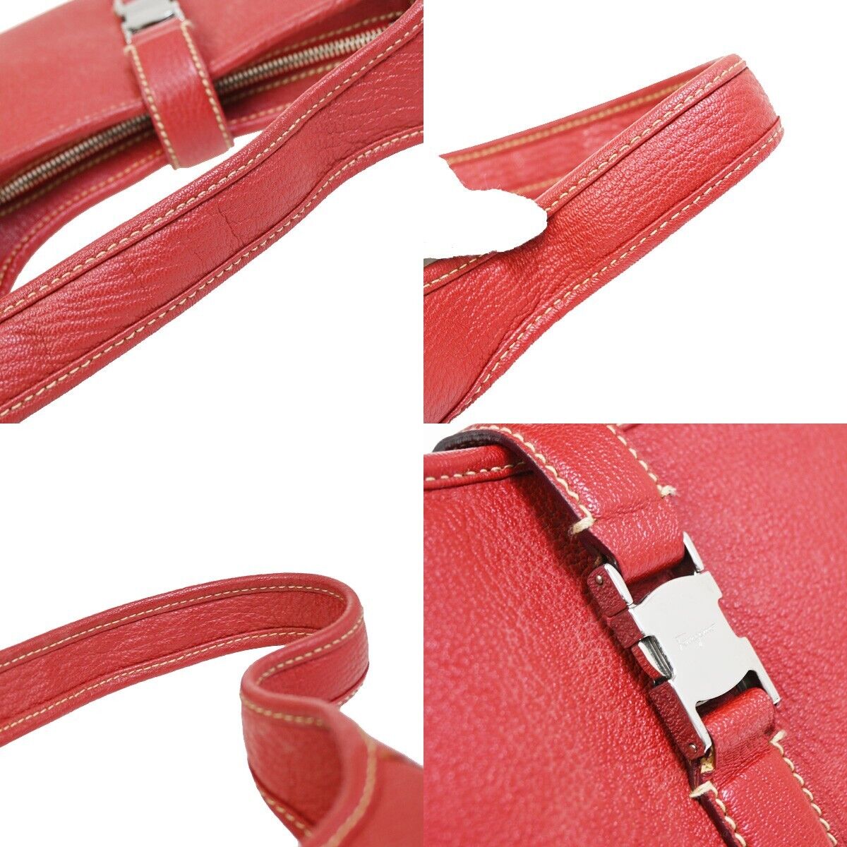 SALVATORE FERRAGAMO Logo Shoulder Bag Leather Red Silver Made In Italy 65FA578