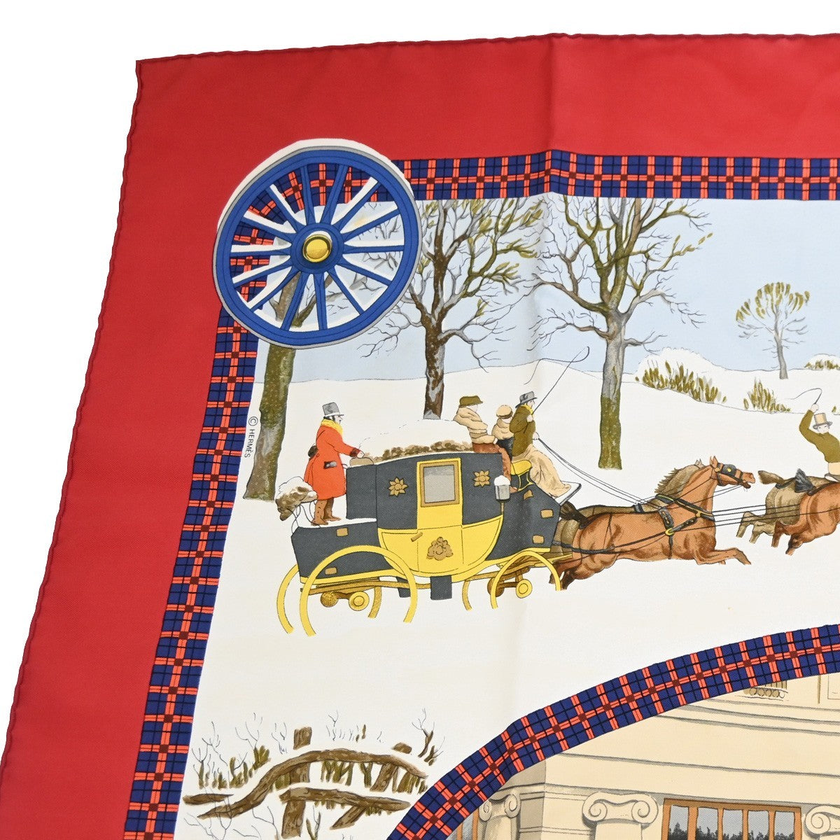 HERMES XL Carre l'Hiver en Poste Ledoux Scarf 100% Silk Red White 63RL907