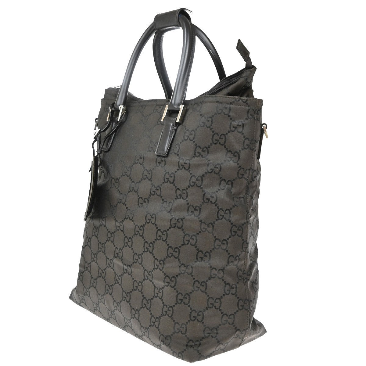 GUCCI Logo GG Pattern Hand Bag Nylon Leather Brown Silver Italy 66KP414