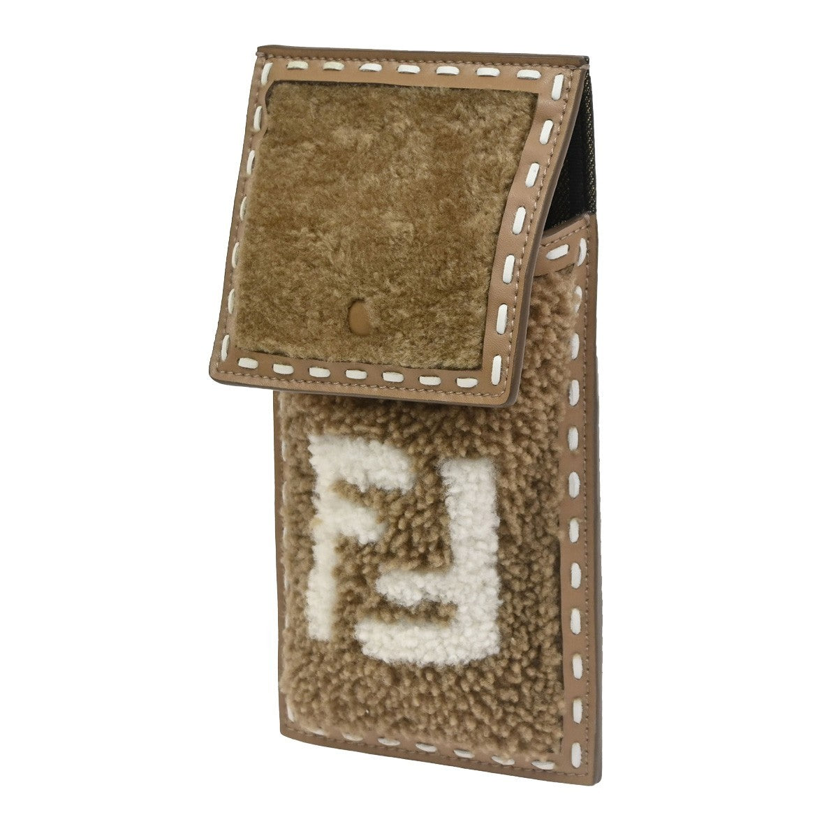 FENDI FF Logo Mini Phone Case Shearling Leather Brown Italy GHW 31RL849