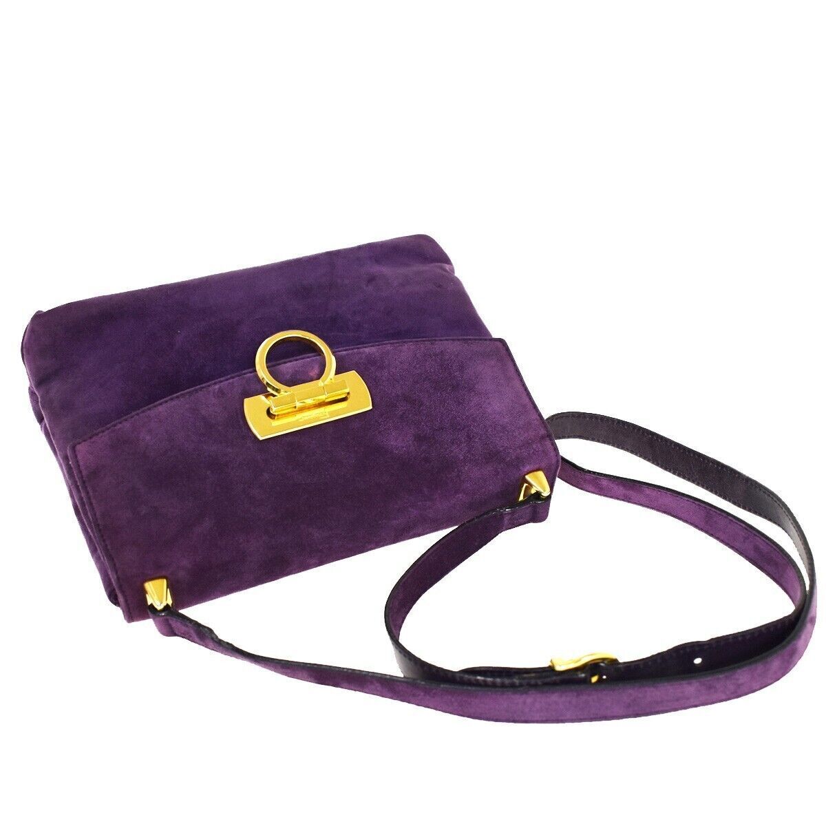 SALVATORE FERRAGAMO Gancini Shoulder Bag Suede Leather Purple Gold Italy 66YC022
