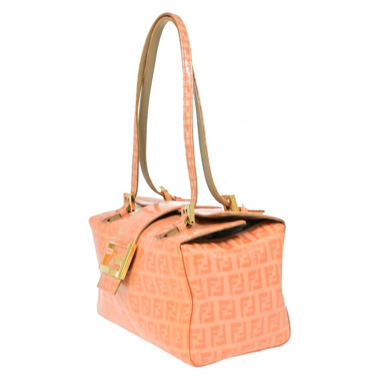 FENDI Logo Zucca Pattern Hand Shoulder Bag Patent Leather orange Gold 87SH936