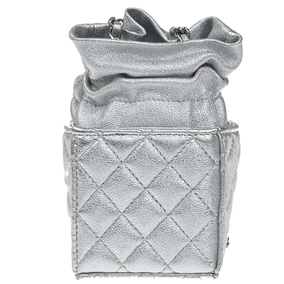 CHANEL Matelasse Drawstring Bucket Mini Shoulder Bag Leather Silver 683RP119