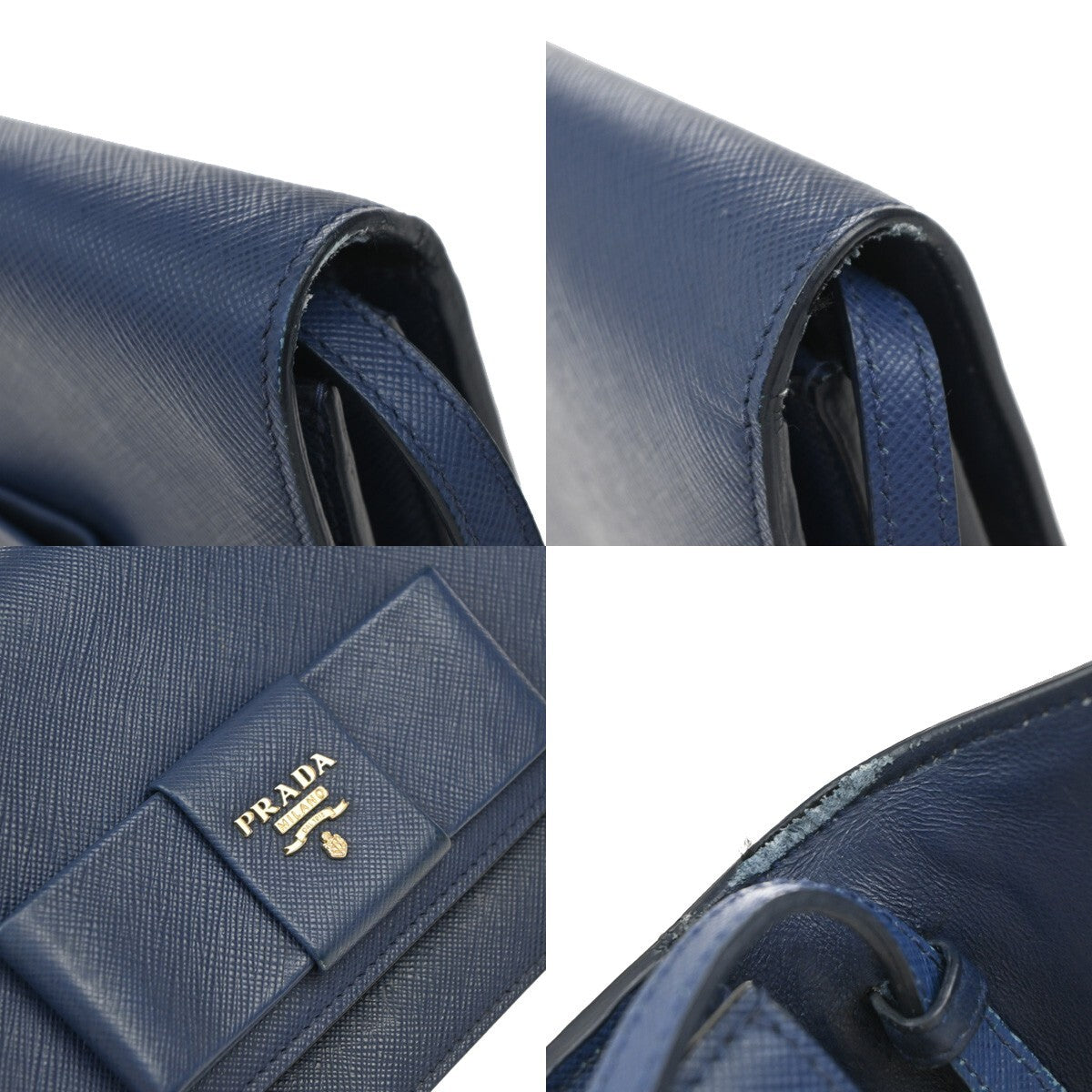 PRADA MILANO Logo Bow 2Way Shoulder Clutch Bag Saffiano LUX Leather Blue 87RF248
