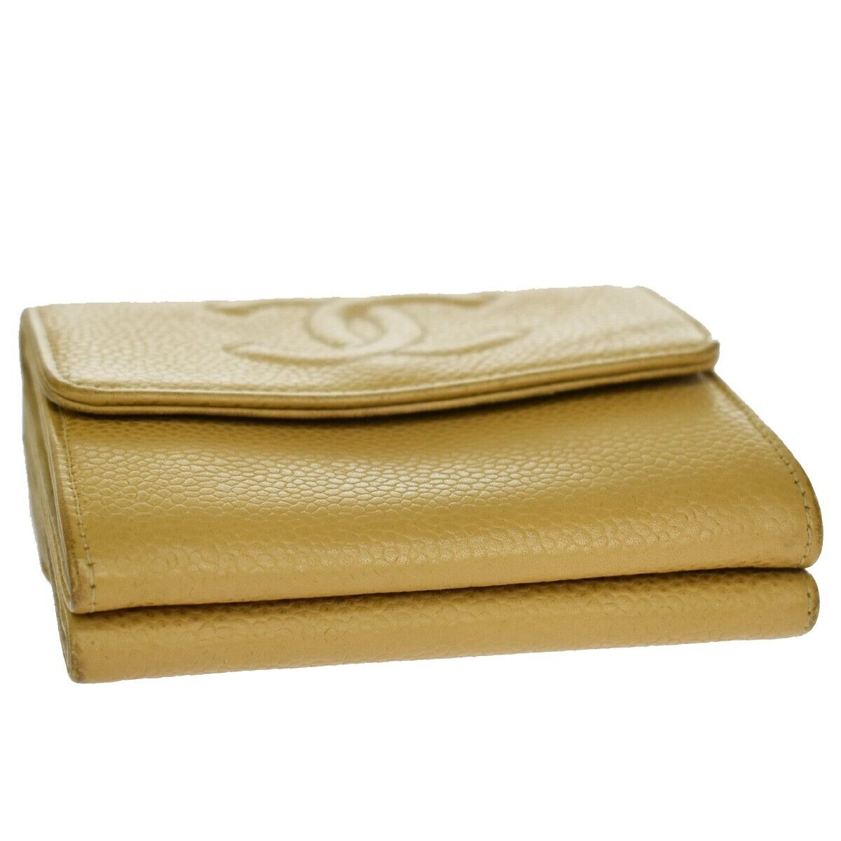 CHANEL CC Logo Bifold Wallet Purse Caviar Skin Leather Beige France 68sh439