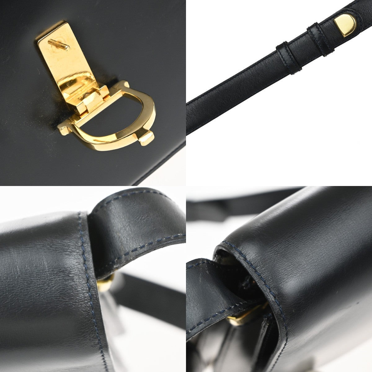 CELINE Logo Shoulder Bag Leather Blue GHW Italy 87EG397