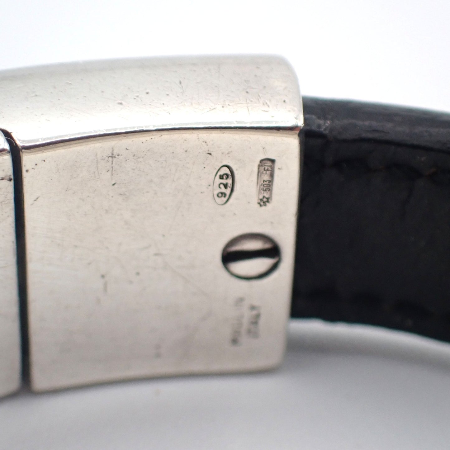 GUCCI Logo Bar Bracelet Bangle Leather Metal Black Silver925 Italy 01CA779