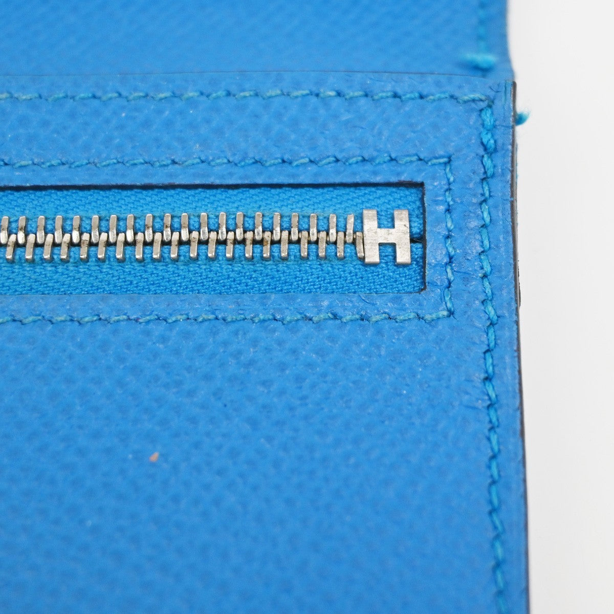 HERMES Logo Bearn Long Bifold Wallet Purse Epson Leather Blue SHW 65RQ023