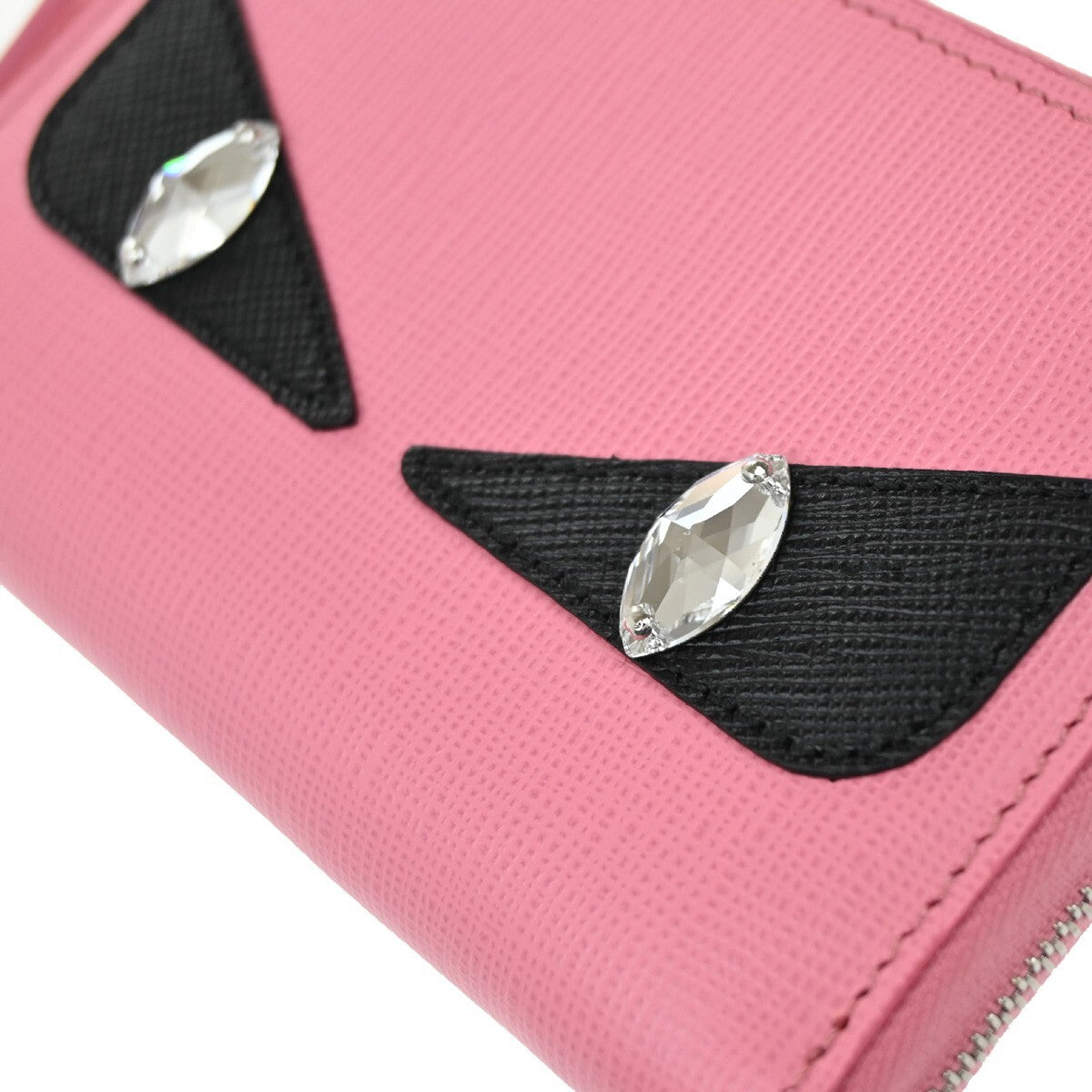 FENDI Logo Monster Bugs Eyes Compact Zip Around Coin Wallet Leather Pink 64YH228