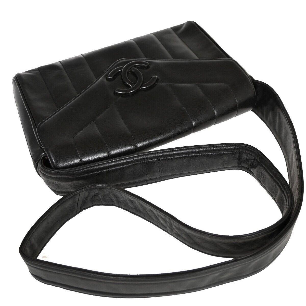 CHANEL CC Logo Mademoiselle Shoulder Bag Leather Black GHW Vintage 373RF094