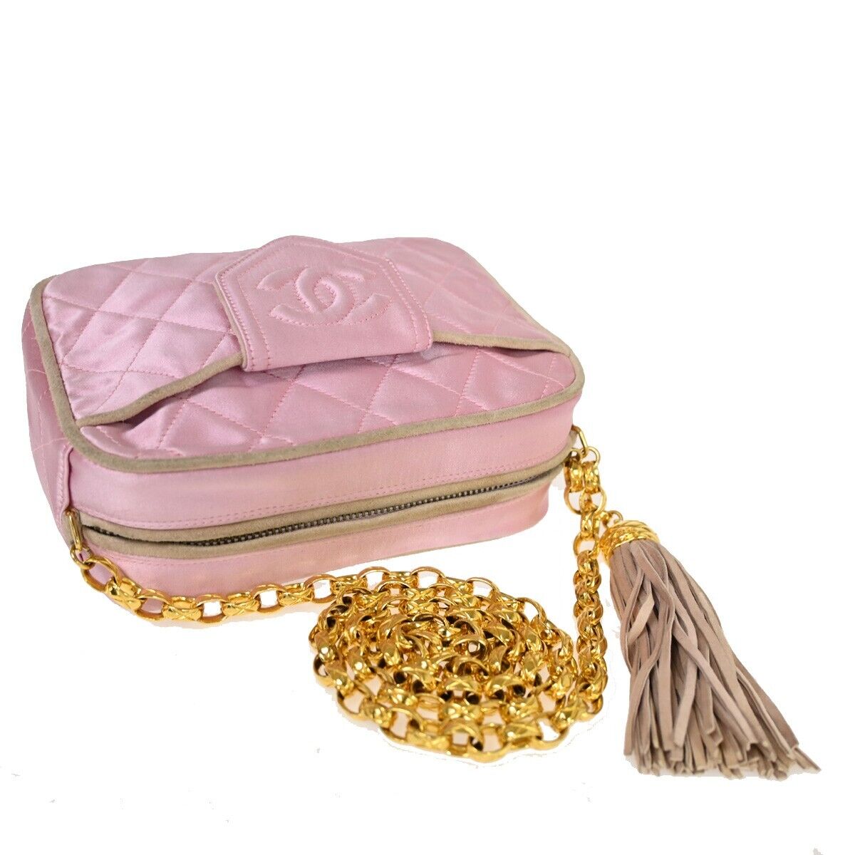 CHANEL CC Logo Mini Matelasse Tassel Chain Shoulder Bag Satin Pink GHW 696KA088