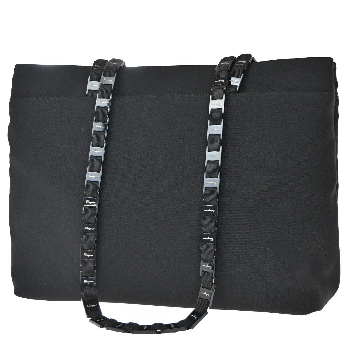 SALVATORE FERRAGAMO Vara Chain Tote Shoulder Bag Nylon Leather Black 61EG364