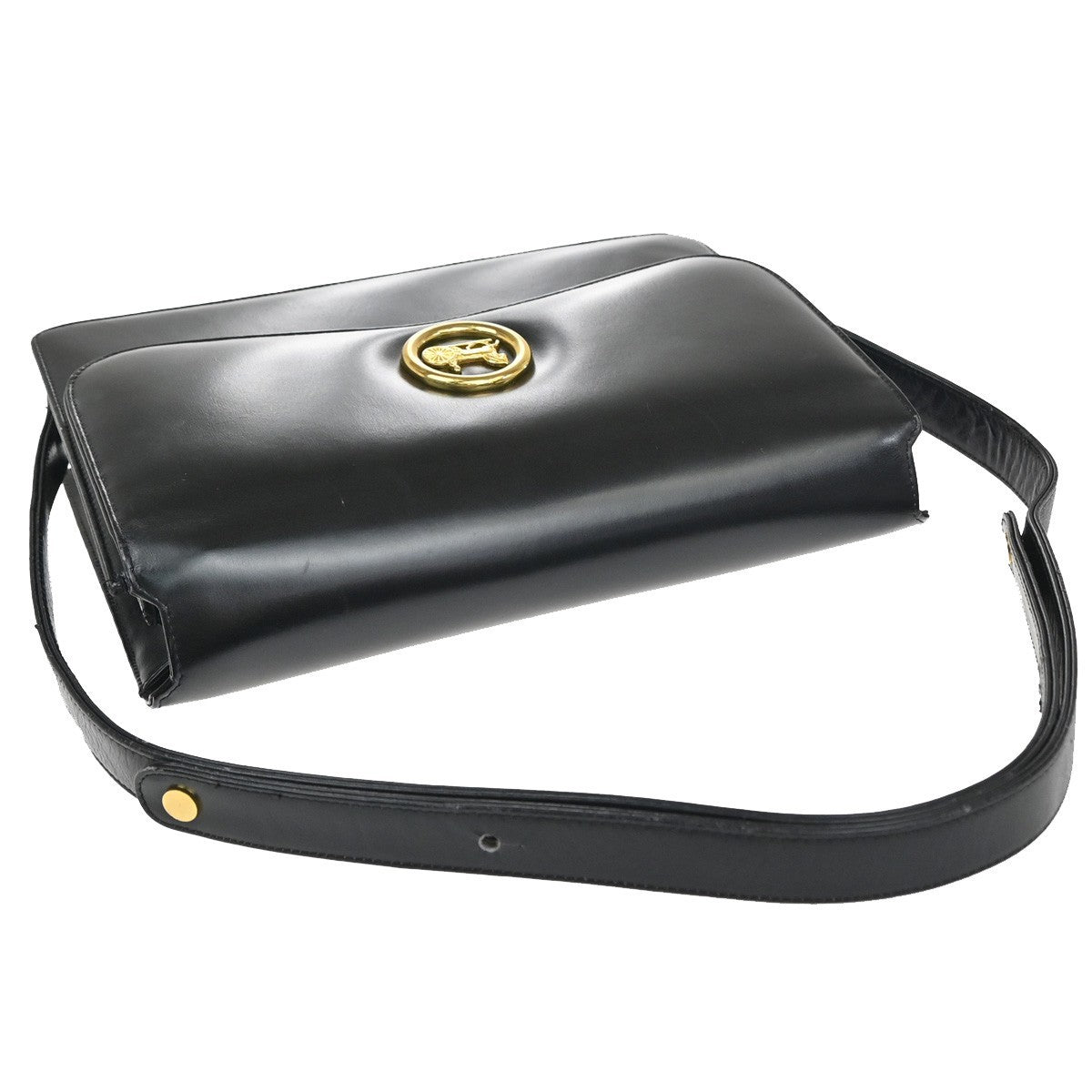 CELINE PARIS Logo Horse Carriage Shoulder Bag Leather Black Gold Italy 38KP606