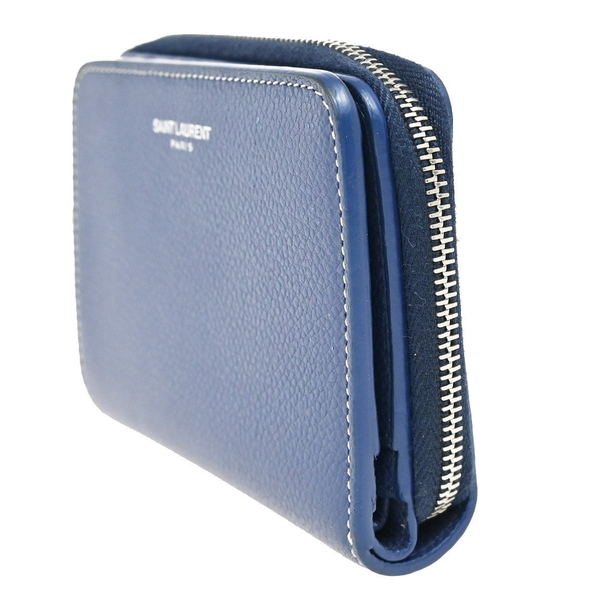 YVES SAINT LAURENT Zipper Around Compact Wallet  Leather Blue 65KB728