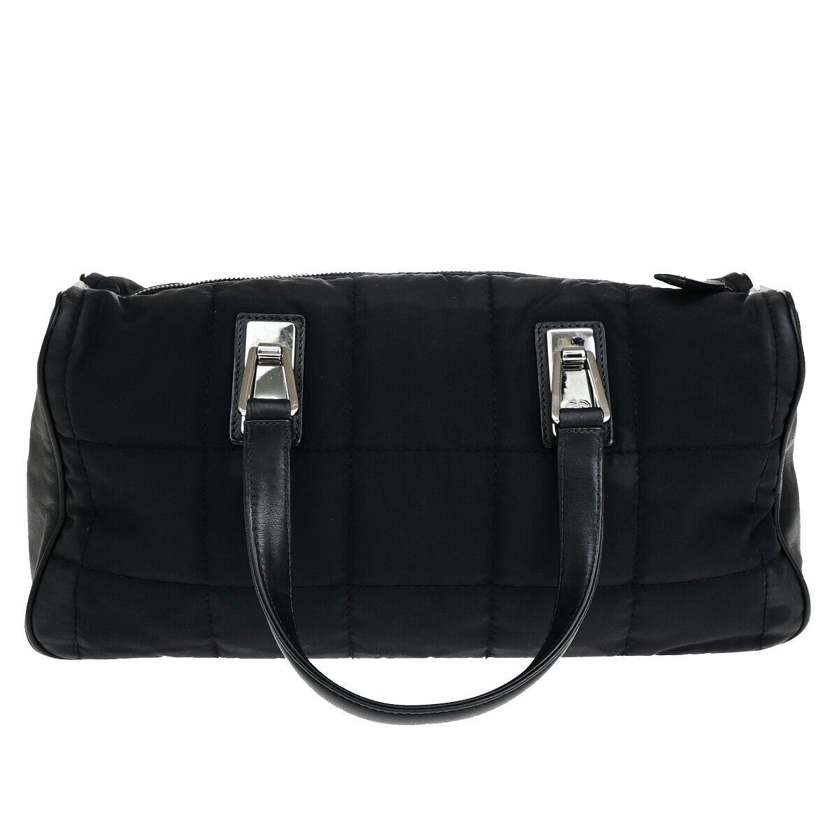 CHANEL CC Chocolate Bar Hand Bag Nylon Leather Black Silver Italy 11EB769