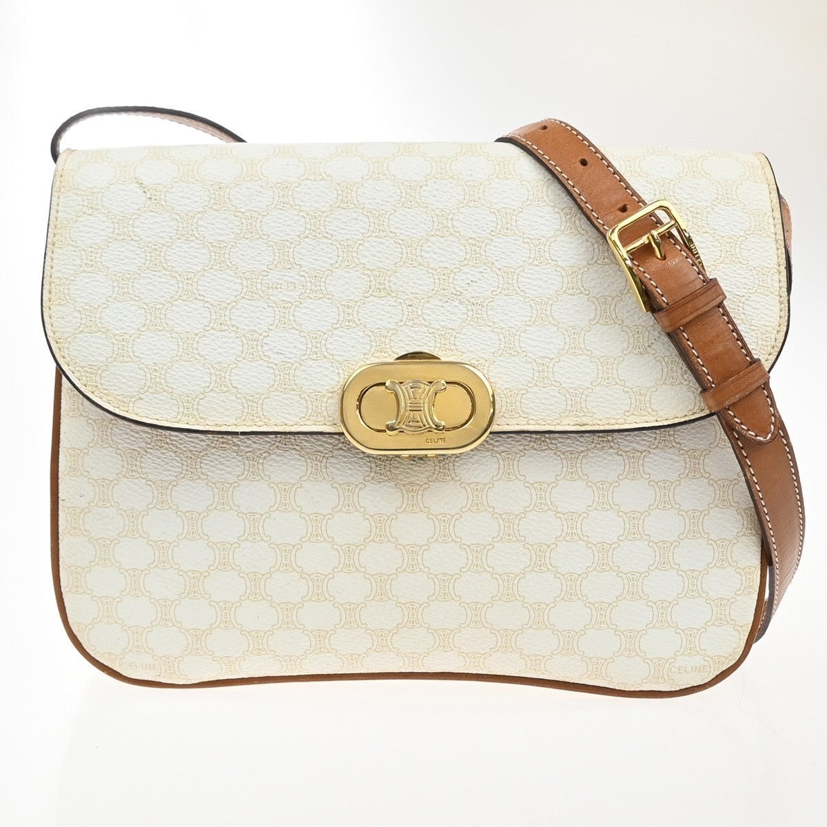 CELINE Macadam Pattern Crossbody Shoulder Bag PVC Leather White Brown  87KC778